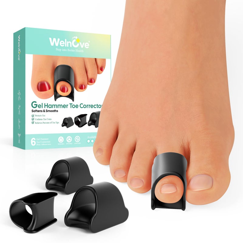 Welnove Hammertoe Corrector  6 Pack Toe Splints  Soft Gel Toe Straighteners  Realign Bent Curled Crooked Claw Hammer Toes for Men and Women 3 Different Sizes Black
